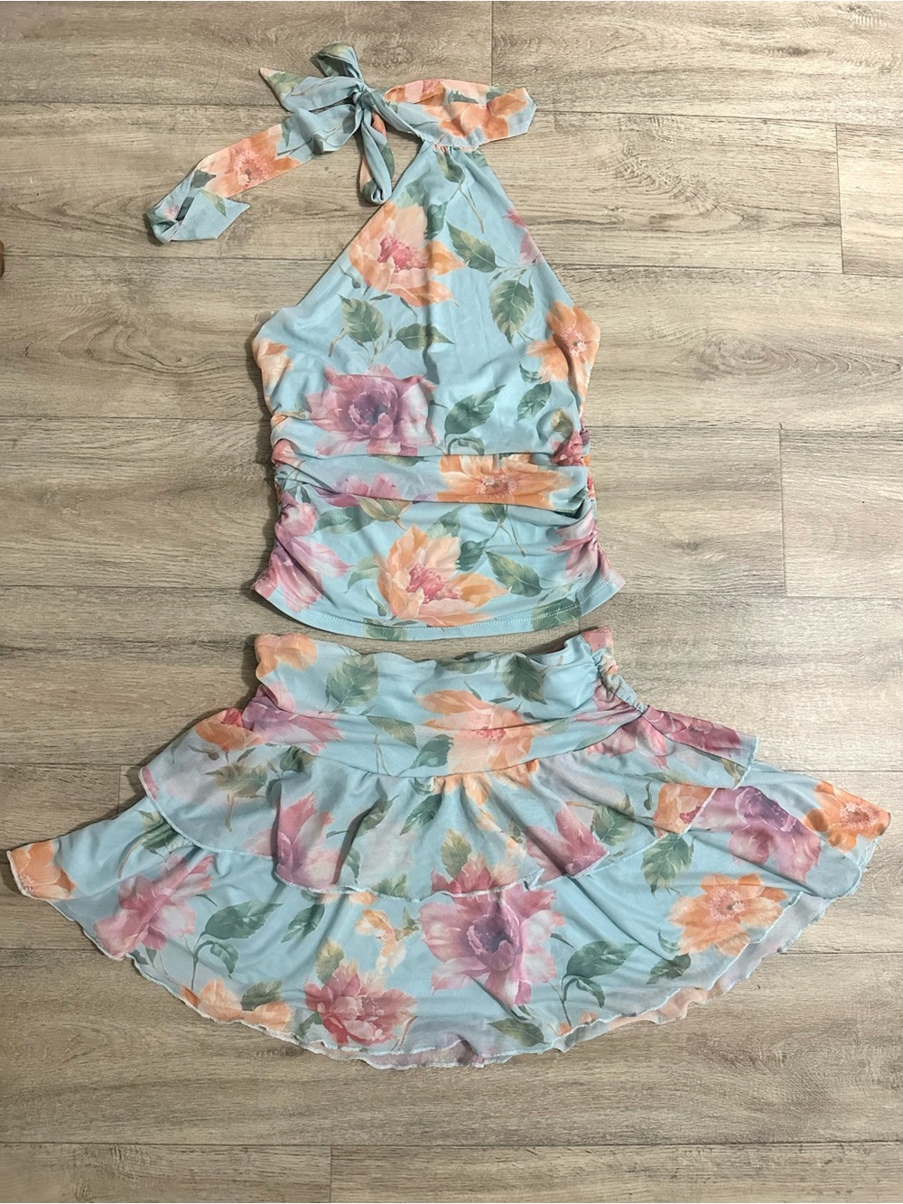 Almost Famous Pastel Floral Halter Crop Top & Flounced Mini Skirt Set
